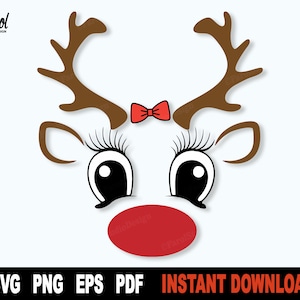 Rendier Gezicht Svg, Meisje Rendier SVG, Kerstmis Svg, Leuke Rendier Rode Neus, Svg Vector Clipart Cut Bestand, Png Art Design- Digitale Download