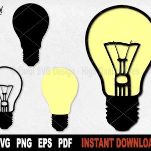 May include: Four different variations of a light bulb graphic. The light bulbs are black and white outlines with a yellow fill. The graphic is a simple representation of a light bulb with a filament inside.
