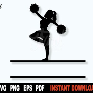 Könnte beinhalten: Schwarze Silhouette einer Cheerleaderin, die Pompons hält, mit zwei leeren Zeilen darunter für Text.  SVG PNG EPS PDF SOFORTIGER DOWNLOAD