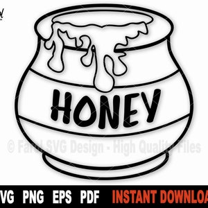 May include: A black and white line drawing of a honey pot with dripping honey and the word "HONEY" written on the front.