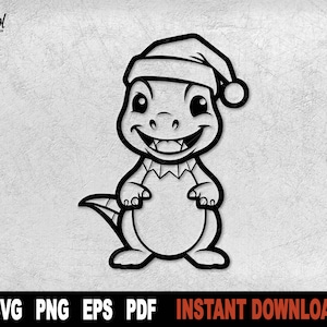 Cute Dinosaur Svg Coloring Page With Santa Hat Svg, Tyrannosaurus Rex Svg Cut File Cricut, Silhouette, Dinosaur Svg, T-Rex Png Clipart