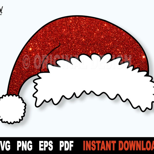 Santa Hat Svg, Kerstmis Svg Bestanden voor Cricut, Silhouet en Glitter Png Art Design voor Sublimatie, Svg Vector Clipart- Digitale Download