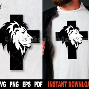 León de Judá SVG, León en una cruz Archivo svg para Cricut, Silueta, Cristiano, Blanco y negro Clipart, Camisa Png- Descarga digital instantánea
