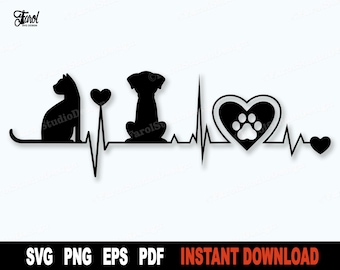 Cat SVG, Dog SVG File For Cricut, Silhouette, Dog and Cat Heartbeat Svg, Animals Vector Clipart- Instant Digital Download