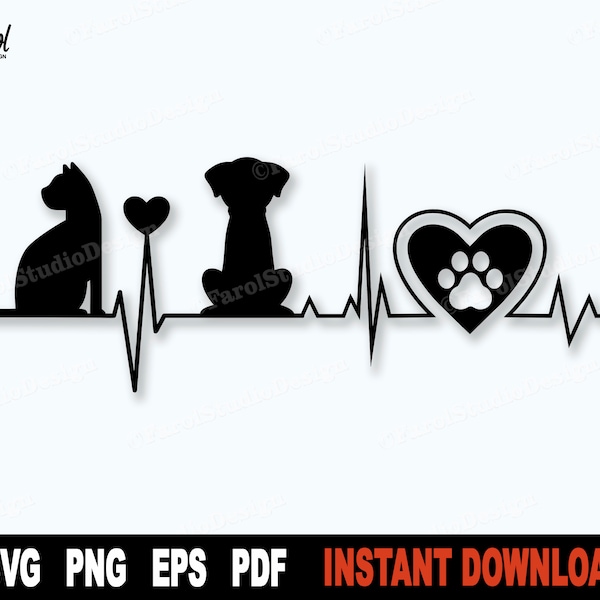 Katze SVG, Hund SVG-Datei für Cricut, Silhouette, Hund und Katze Herzschlag SVG, Tiere Vektor Clipart - sofortiger digitaler Download