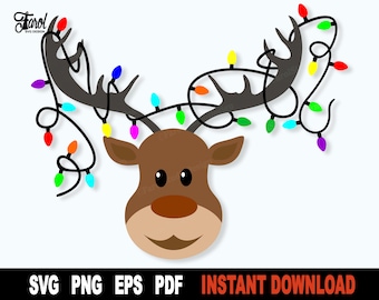 May include: A cartoon reindeer with brown antlers and a brown face. The antlers are decorated with a string of colorful Christmas lights.