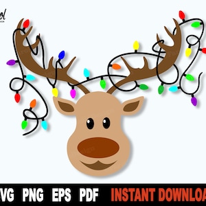 Rendier Svg, Kerst Svg, Rendier met kerstverlichting Svg-bestand voor Cricut, silhouet, Svg Vector Clipart, Shirt Png Art Design