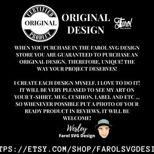 May include: A black and white image with the text "ORIGINAL DESIGN" in large white letters. The text "Farol SVG Design" is also included in the image. The image includes a white circle with the text "CERTIFIED ORIGINAL PRODUCT" inside. The image also includes a cartoon image of a person with a black hat and a white shirt.