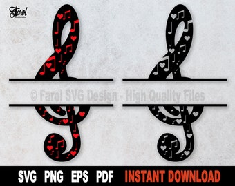 Treble Clef SVG: Hearts and Notes, Split Name Frame (Digital Download)