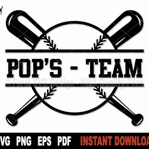 Kij baseballowy Svg, plik POPS-TEAM Svg dla Cricut, sylwetka, ramka nazwy Split Png, monogram Svg, cyfrowe pobieranie clipartów sportowych