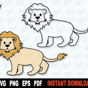 ライオン SVG、ライオンのアウトライン、レイヤー化されたライオン カット ファイル、Cricut 用のかわいいライオン SVG ファイル、動物のクリップアート、ライオンの漫画 PNG、インスタント デジタル ダウンロード