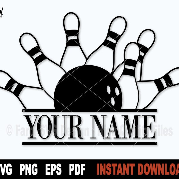 Bowling Pin Svg coupe fichier, noir Bowling Split monogramme fichier Svg pour Cricut, Silhouette, Sport Clipart, nom cadre Svg, Png - téléchargement numérique