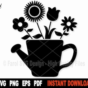 Regadera SVG con flores de primavera archivo svg para Cricut, silueta, tulipanes SVG, girasol svg, imágenes prediseñadas vectoriales- Descarga digital instantánea