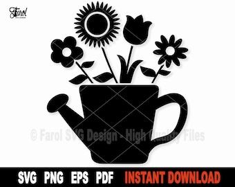 May include: Black silhouette of a watering can with a variety of flowers inside, including a sunflower, a tulip, and two smaller flowers. The flowers are all in bloom and have stems.