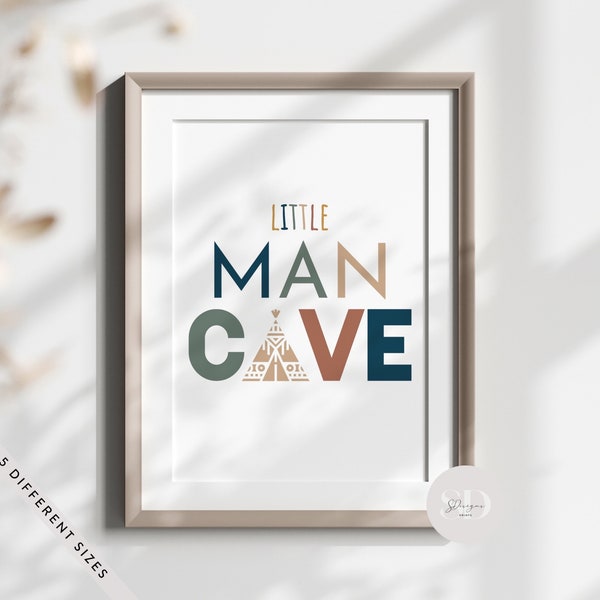 Boys Bedroom Little Man Cave Quote Print, Nursery Playroom Wall Art For Boys, Earthy Boho Colours, Boys Bedroom Decor