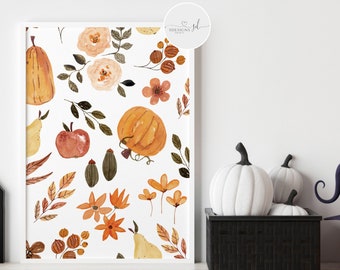 Autumn Fall Watercolour Pumpkins Art Print | Autumnal Wall Art Decor | Seasonal Print | Halloween Fall Wall Art | Autumnal Leaves Flowers