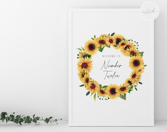 Welcome To Print | Welcome Sign | Home Decor | New Home Gift | House Number | Sunflowers Wreath Sunflower