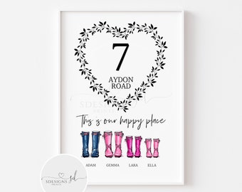 Personalised Welly Family Print | Family | Gift | New Home Gift | Personalised Print | Custom Wall Art | This Is Our Happy Place | Home