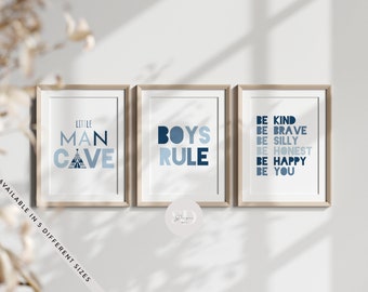 Set Of 3 Boys Quotes Blue Prints, Playroom Nursery Wall Art, Boys Rule, Little Man Cave, Affirmations For Boys Room, Blue Colours
