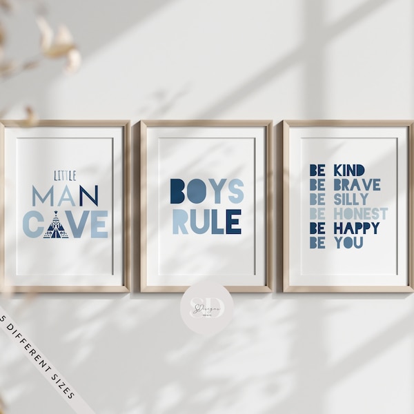 Set Of 3 Boys Quotes Blue Prints, Playroom Nursery Wall Art, Boys Rule, Little Man Cave, Affirmations For Boys Room, Blue Colours