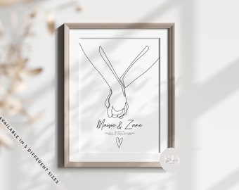 Personalised Holding Hands Line Art Wedding Print, Wedding Marriage Gift, Couples Names & Wedding Date, Custom Wall Art