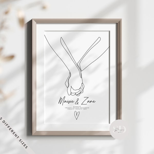 Personalised Holding Hands Line Art Wedding Print, Wedding Marriage Gift, Couples Names & Wedding Date, Custom Wall Art