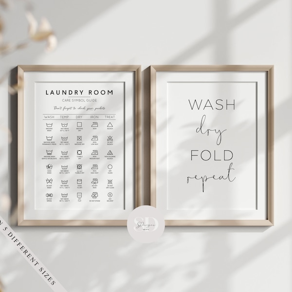 Laundry Utility Room Set Of 2 Quote Prints, Laundry Washing Care Symbol Guide, Funny Laundry Print, Cleaning Quote, Mrs Hinch Inspired