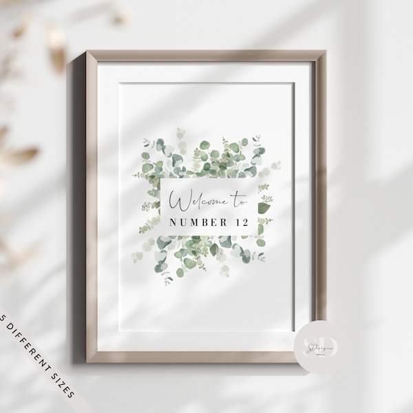 Personalised Welcome Sign Eucalyptus Print, Welcome Wall Art, House Name Door Number Print, New Home Gift, Personalised Eucalyptus Print