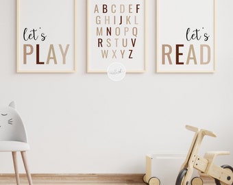 Playroom Set Of 3 Prints | Let’s Play | Let’s Read | Children’s Wall Art | Playroom | Nursery | Alphabet | Neutral Colours | Neutral Tones