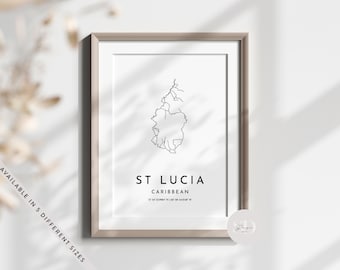 St Lucia Line Map Print, Caribbean Map, St Lucia Map Co Ordinates, Travelling Gift, Country Map, Holiday Destination Print