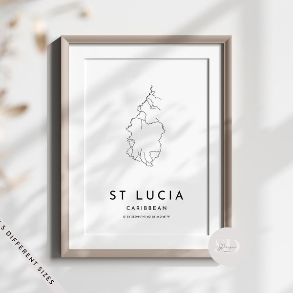St Lucia Line Map Print, Caribbean Map, St Lucia Map Co Ordinates, Travelling Gift, Country Map, Holiday Destination Print