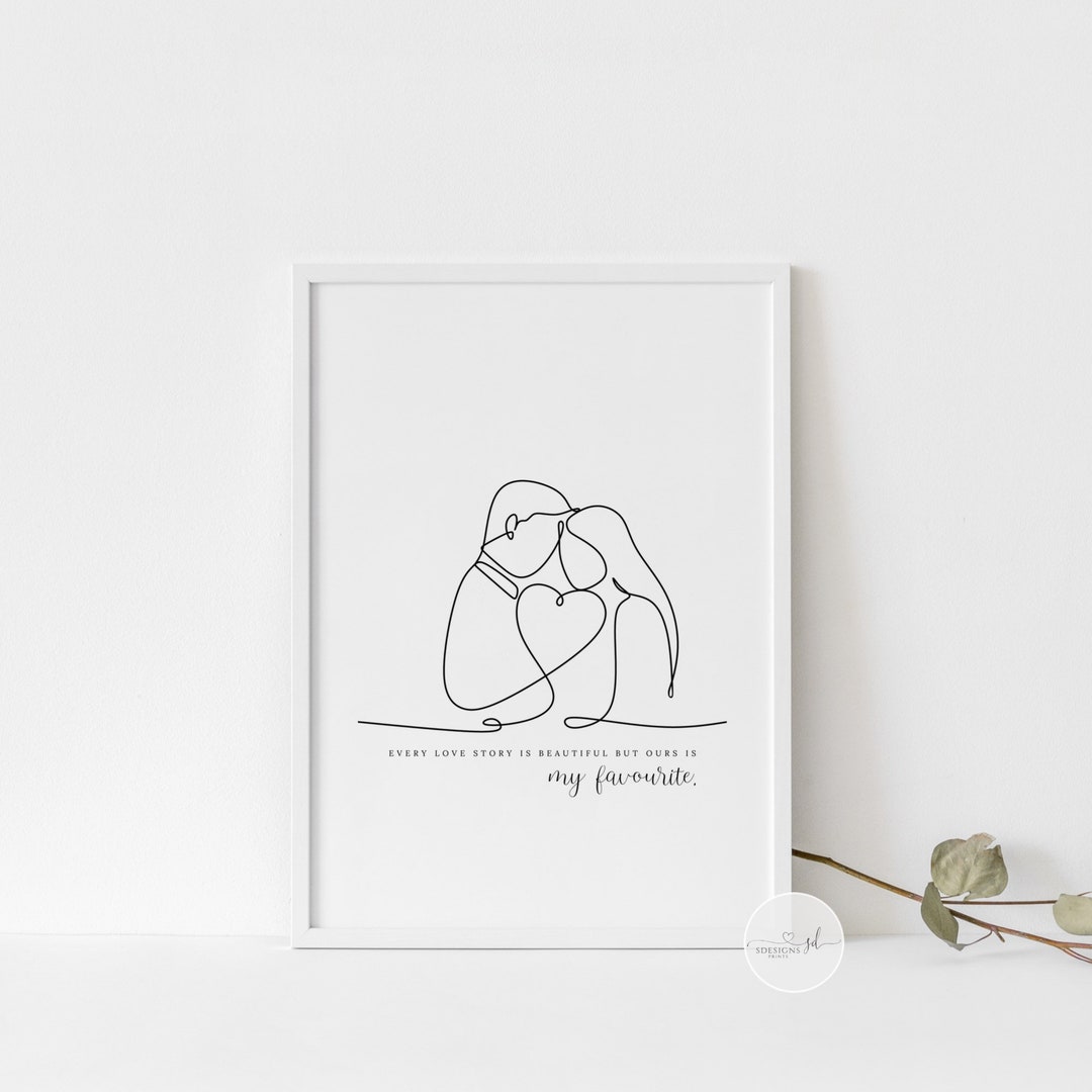 Couples Line Art Quote Print, Wedding Anniversary Engagement Gift, Line