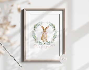 Hello Spring Easter Bunny Print, Pastel Colours Flowers Wall Art, Spring Time, Spring Seasonal Wall Art, Floral Watercolour, Easter Print