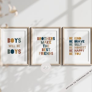 Set Of 3 Boys Quotes Bedroom Prints, Affirmations For Boys, Brothers Bros Sibling Quote Wall Art, Boho Earthy Colours, Playroom Prints