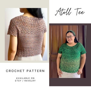Könnte beinhalten: Häkelanleitung für ein kurzärmeliges Oberteil namens Atoll Tee. Das Muster ist auf Etsy und Ravelry erhältlich. Das Oberteil ist in zwei Farben gezeigt: einem mehrfarbigen Rosa und einem grünen Farbverlauf.