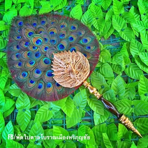 hand held Peacock Feather Fan with Thai Palm Wood Handle Handmade Indian Peacock Feather Wall Decor exotic fan decor luxury traditional