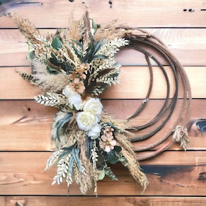 Rope Wreath Country Farmhouse Spring Summer Door Decor Modern Country Home Neutral Pampas Lasso Wreath  Rustic Artificial White Rose Wreath