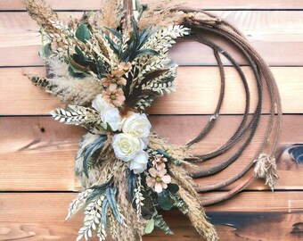 Rope Wreath Country Farmhouse Spring Summer Door Decor Modern Country Home Neutral Pampas Lasso Wreath  Rustic Artificial White Rose Wreath