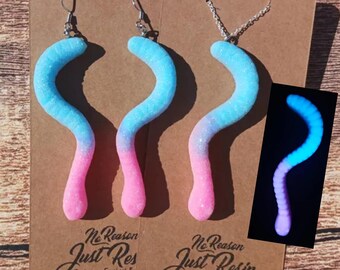 Sour Cotton Candy Glow in the Dark Worm Earrings Necklace, Resin Art Jewelry, Fake Candy
