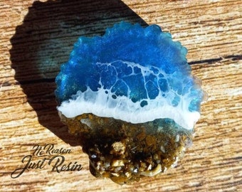 Custom Caseville Beach Sand Gold Resin Heart Wave Necklace Lake Huron Sand Beach Ocean Art Michigan Gift Great Lake Blue Turquoise 18 Chain