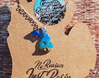 Mini Michigan Sand Necklace, Resin Art, State Jewelry, Made in Michigan, Lake Huron
