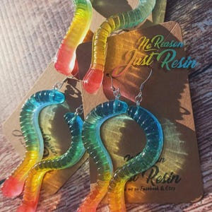 K&ouml;nnte beinhalten: Bunte Wurm-Ohrringe aus Kunstharz mit einem Farbverlauf von Blau, Gr&uuml;n, Gelb und Rot. Die Ohrringe haben silberne Haken und werden auf einer braunen Karte mit dem Text "No Reason Just Resin" pr&auml;sentiert.