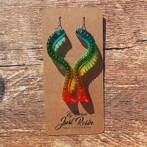 K&ouml;nnte beinhalten: Bunte Harz-Ohrringe in wurmartigem Design. Die Ohrringe wechseln von Blau zu Gr&uuml;n, Gelb, Orange und Rot. Die Ohrringe werden auf einer braunen Karte mit dem Text "No Reason Just Resin" pr&auml;sentiert.