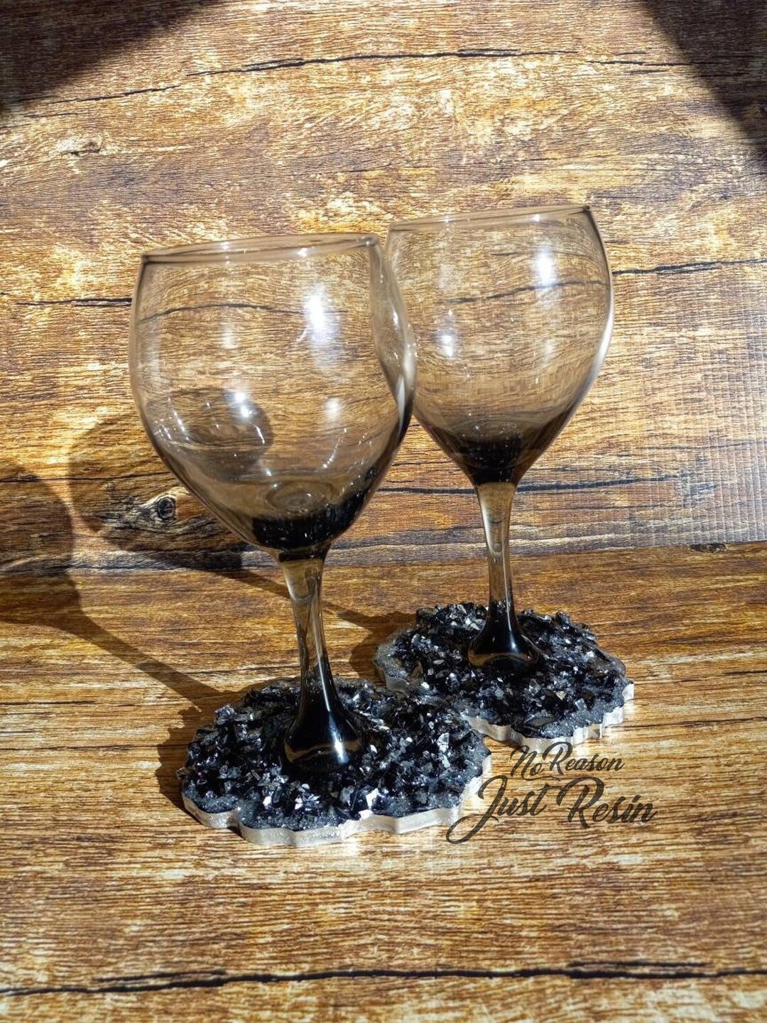 Pair of Resin Geode Wine Glasses Black Silver Valentine's Day Wine
