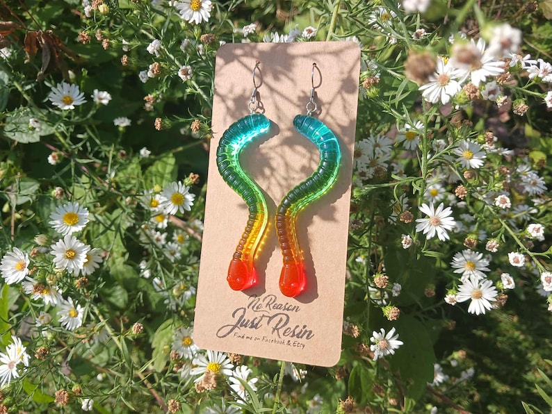 K&ouml;nnte beinhalten: Ein Paar bunte, wurmf&ouml;rmige Ohrringe. Die Ohrringe sind aus Harz gefertigt und weisen einen Farbverlauf auf, beginnend mit Blau oben, &uuml;bergehend in Gr&uuml;n, Gelb und endend mit Rot. Die Ohrringe h&auml;ngen an silbernen Haken. Die Ohrringe werden auf einem braunen Etikett mit dem Text "No Reason Just Resin" pr&auml;sentiert.