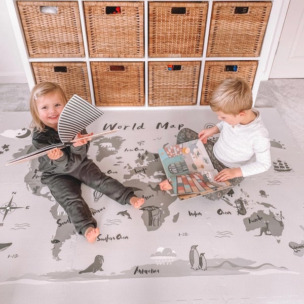 World Map & Animals Soft Play Mats | Eva Foam Non Slip Baby Safe Soft Floor For Play Room And Nursery | Best Gift For New Mum and Baby