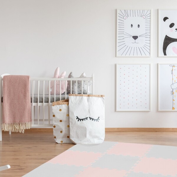 Soft Foam Play Mats Bundle | Blush Pink + Dove Grey Mix | Non-Slip Baby-Safe Soft Floor Mats For Play Room And Nursery