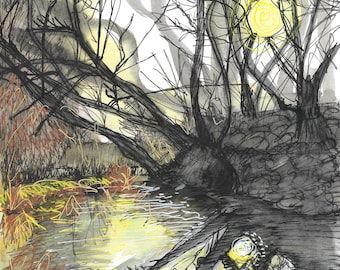 Arching tree over the Freshney print