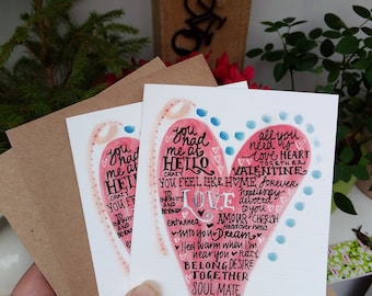 Hand lettered heart valentines card