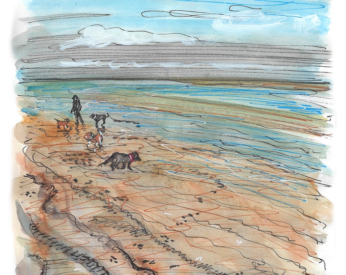 Dog walker on the beach print